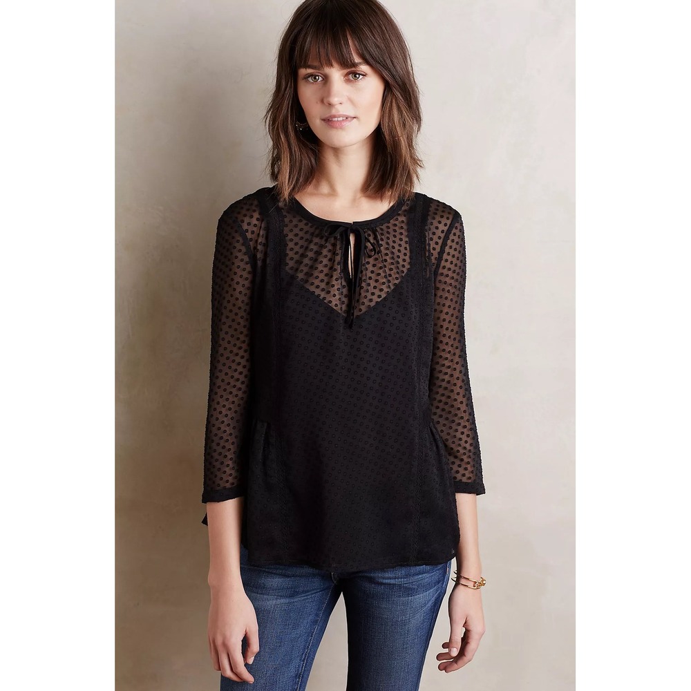 Vanessa‎ Virginia Anthropologie Black Manette Clipdot Lace Blouse Womens Size 6